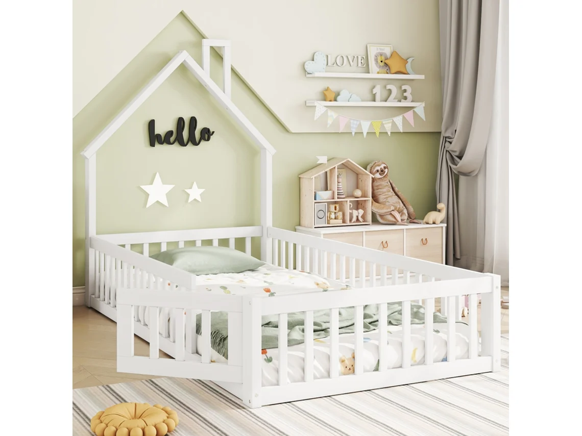 Cama Casinha Pinho 90x200 com Chaminé e Ripas Branca