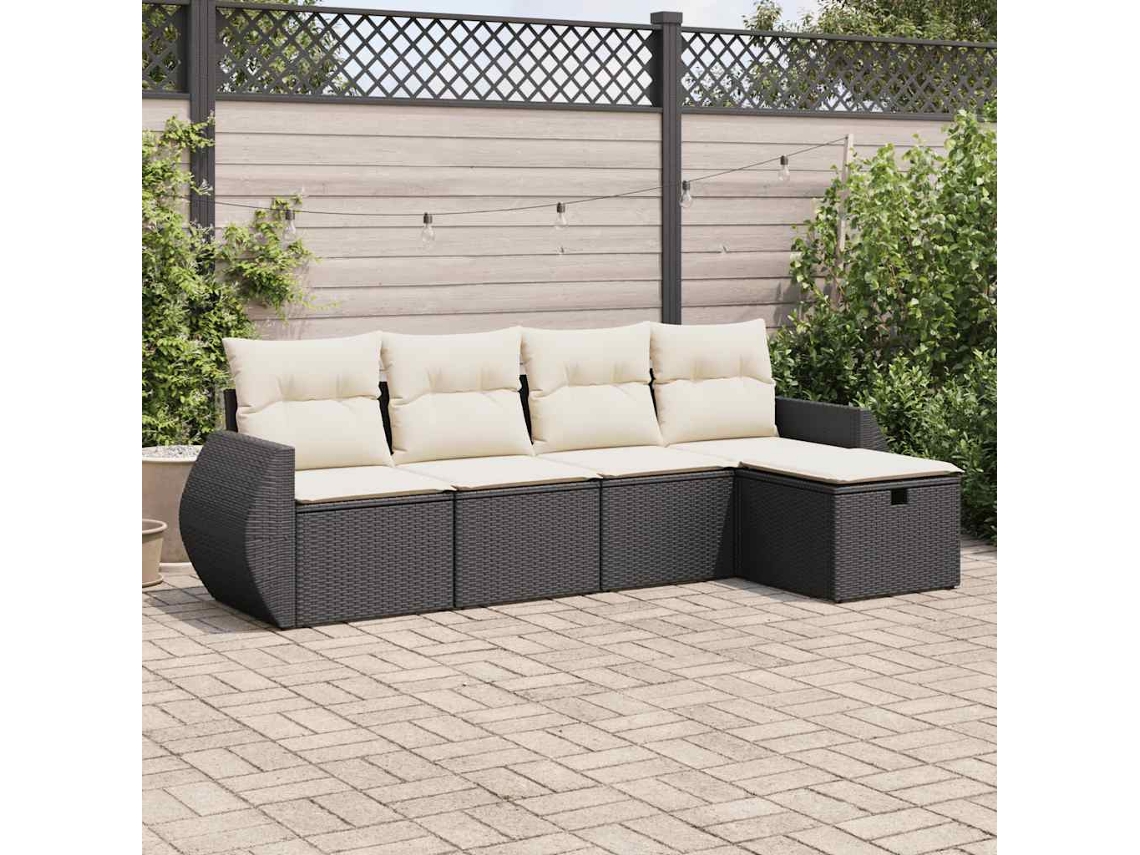 Vidaxl 5 Pcs Conjunto Sofás De Jardim Com Almofadões Vime Pe Preto