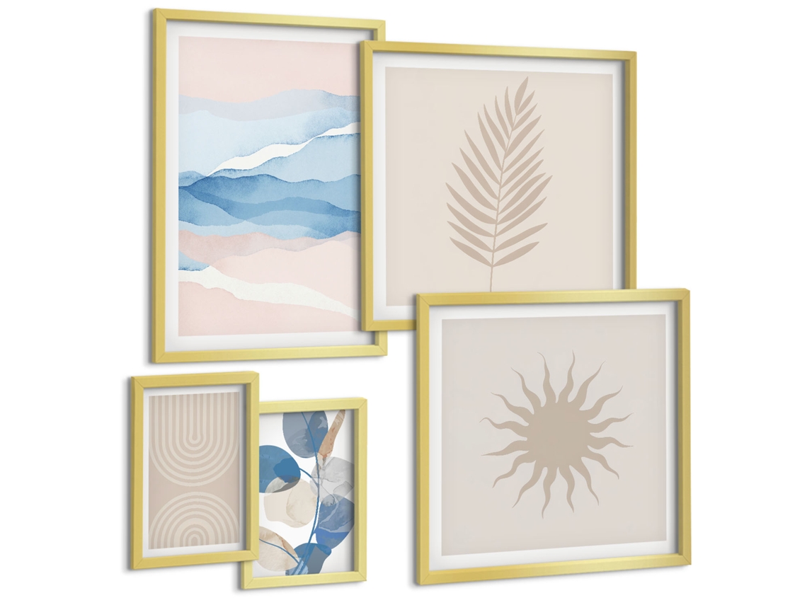 Conjunto De Pinturas Montanhas, Cachoeira, Pássaros, Flores Moldura Dourada Pinturas De Quarto Espelharte (conjunto De 5 Imagens)