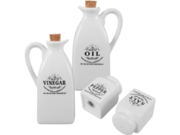 Conjunto De 4 Potes De Cerâmica Branca Para Temperos Com Bandeja De Bambu.