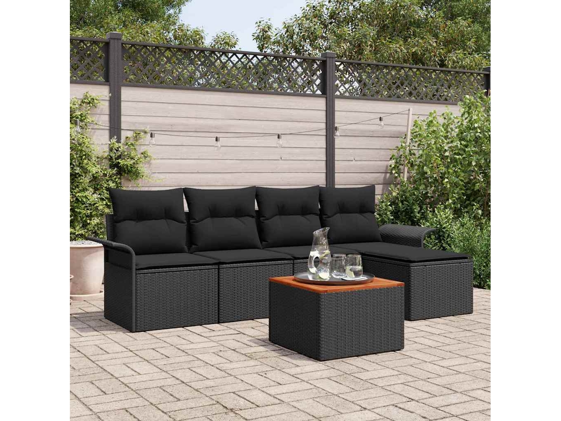 Vidaxl Conjunto De Sofá De Jardim Com Almofada 6 Pcs Preto Vime Pe