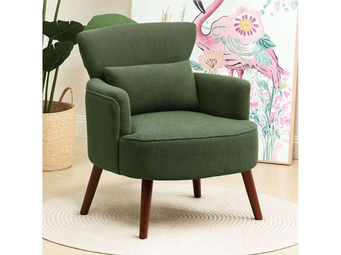Poltrona De Destaque Moderna Estofada Com Almofada Lombar, Verde