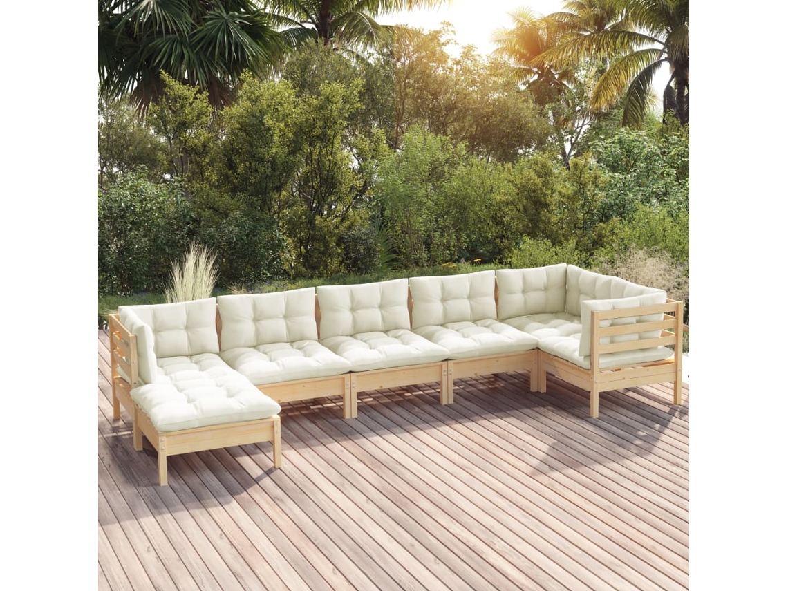 7 Pcs Conjunto Lounge Jardim C/ Almofadões Creme Pinho Maciço Dkd Home Decor