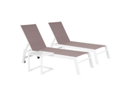 Conjunto De 2 Espreguiçadeiras E Mesa De Apoio Barbados Em Textilene Taupe Alumínio Branco Happy Garden