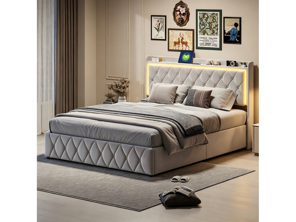 Cama hidráulica de armazenamento 140x190 cm, luz LED, tomada, ripas de madeira, flanela bege | ROSAHQNDA