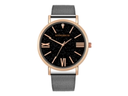 Relógio de pulso masculino com pulseira de liga metálica, mostrador redondo, numerais romanos, movimento de quartzo, preto com detalhes em ouro rosa.