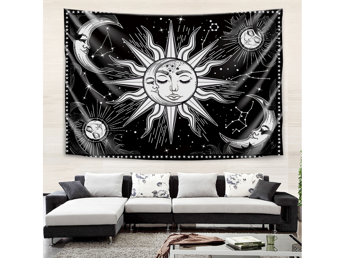 Tapiz Estético De Sol E Lua Em Branco E Preto Para Quarto E Sala 150x200cm