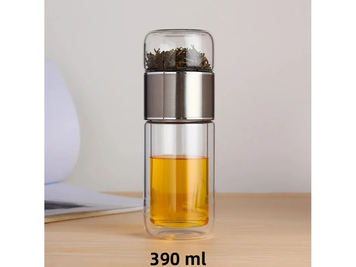 Garrafa De Vidro Borossilicato De 420 Ml (prateada), Com Filtro E Copo De Parede Dupla.