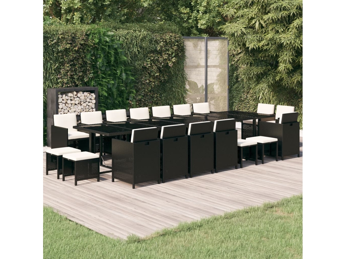 19 Pcs Conjunto Jantar P/ Jardim C/ Almofadões Vime Pe Preto Dkd Home Decor