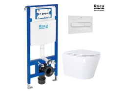 BASTIDOR ROCA DUPLO ONE PACK CISTERNA OCULTA E BOTÃO PL1 BRANCO BRILHANTE COM SANITA SUSPENSA RIM-EX BREVIS BRANCA 48 CM DE SAT.