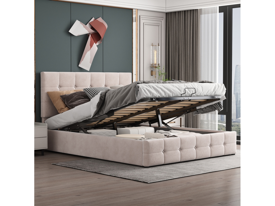 Cama Casal 140x200 Armário Hidráulico Cabeceira Ajustável Veludo Creme