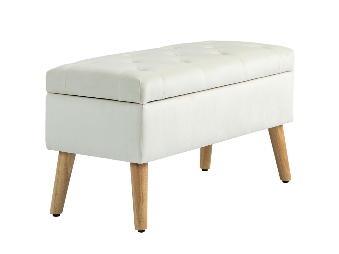 Banco Armazenamento 80x35x42cm Tecido Veludo E Pernas Madeira, Creme