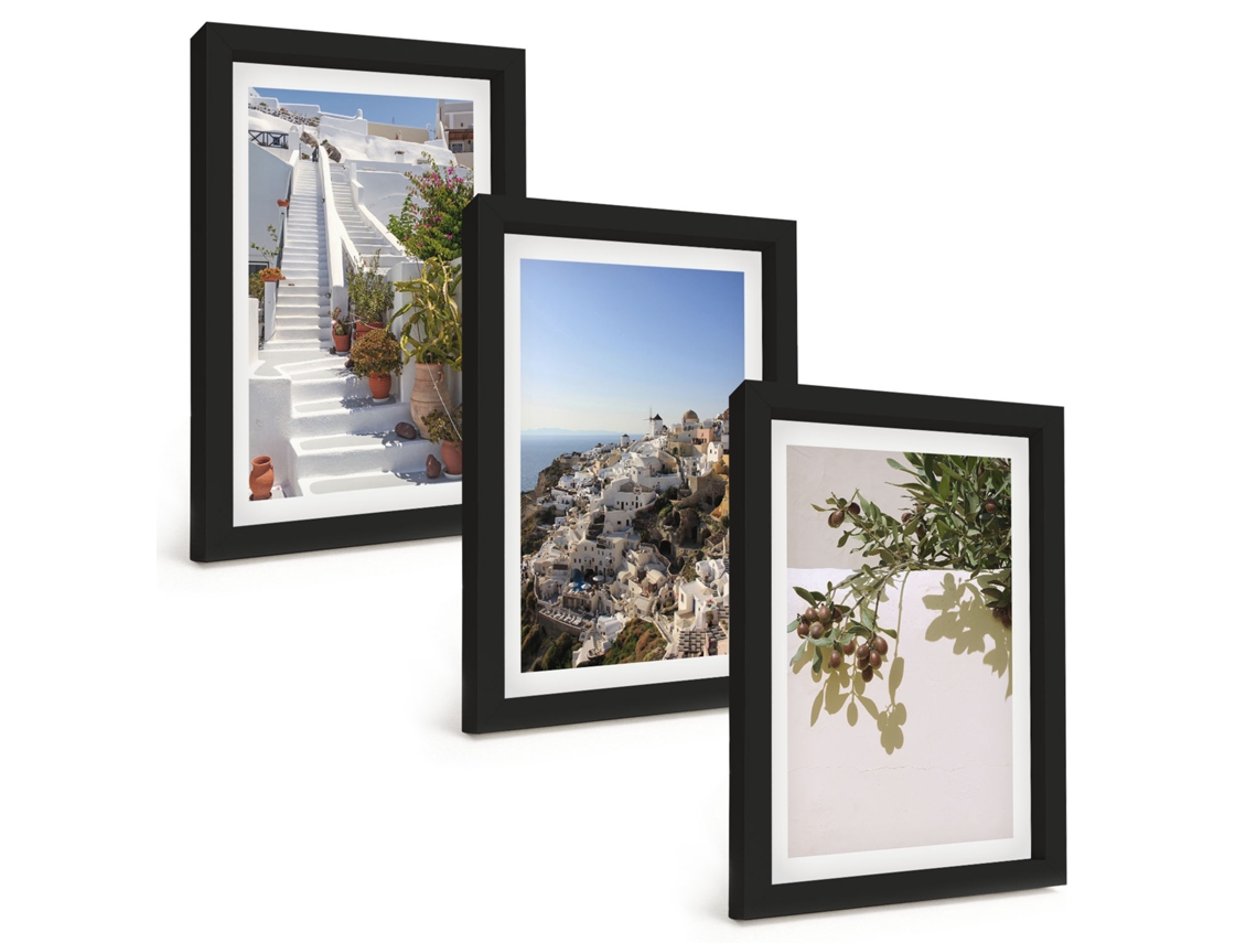 Galeria De Pinturas Muraisescadas Brancas, Vista De Santorini Moldura Preta Fotos Para O Escritório Espelharte (3 Peças 20x30 Cm)