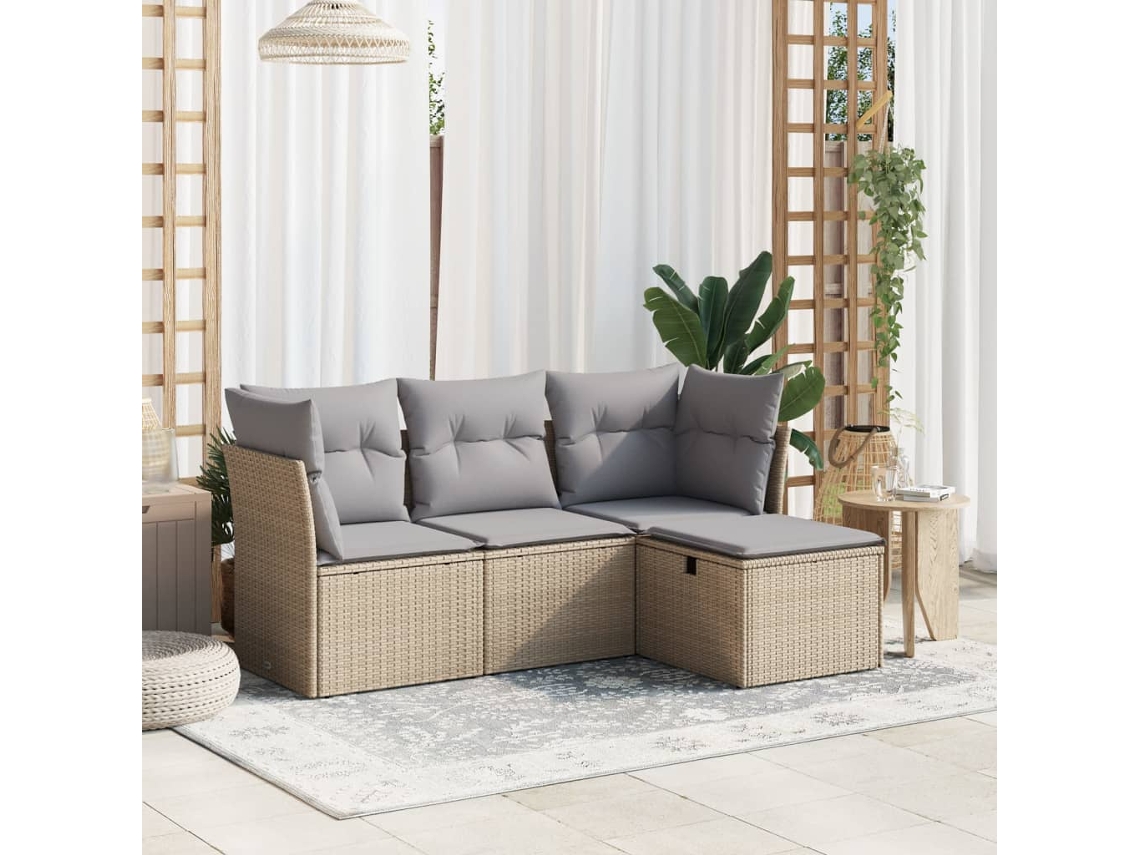Vidaxl 4 Pcs Conj. Sofás Jardim C/ Almofadões Vime Pe Bege Misturado