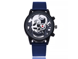 Relógio masculino Vansvar Fashion com caveira vazada e mostrador redondo, pulseira de couro PU e mecanismo de quartzo azul.