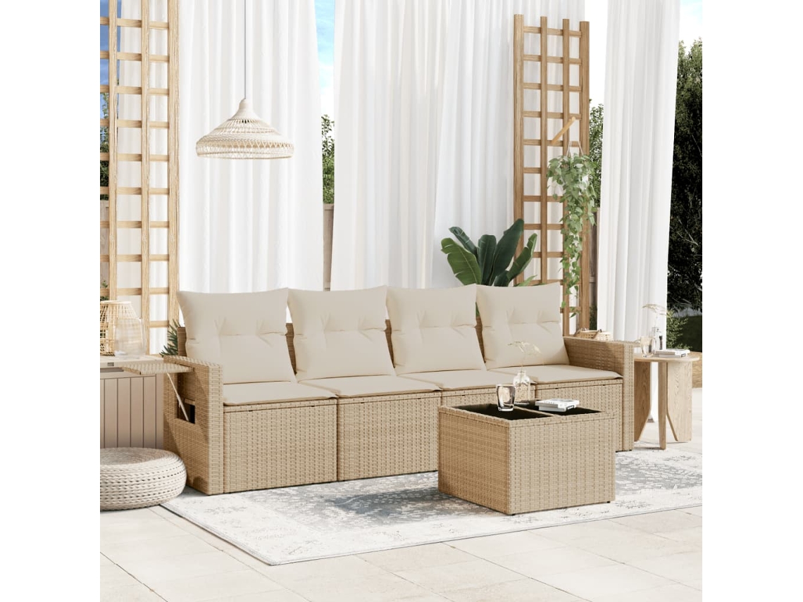 Vidaxl 5 Pcs Conjunto De Sofás P/ Jardim Com Almofadões Vime Pe Bege