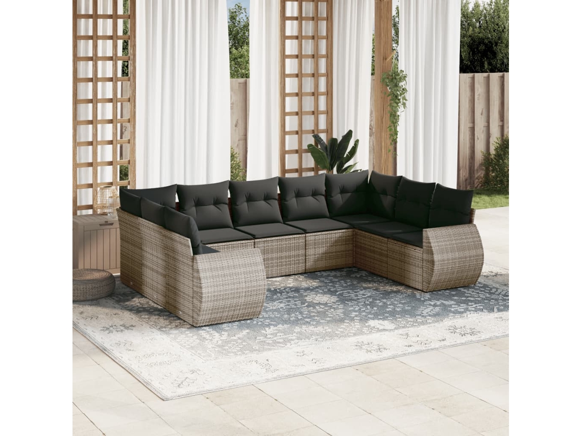 Vidaxl 9 Pcs Conjunto Sofás P/ Jardim Com Almofadões Vime Pe Cinzento