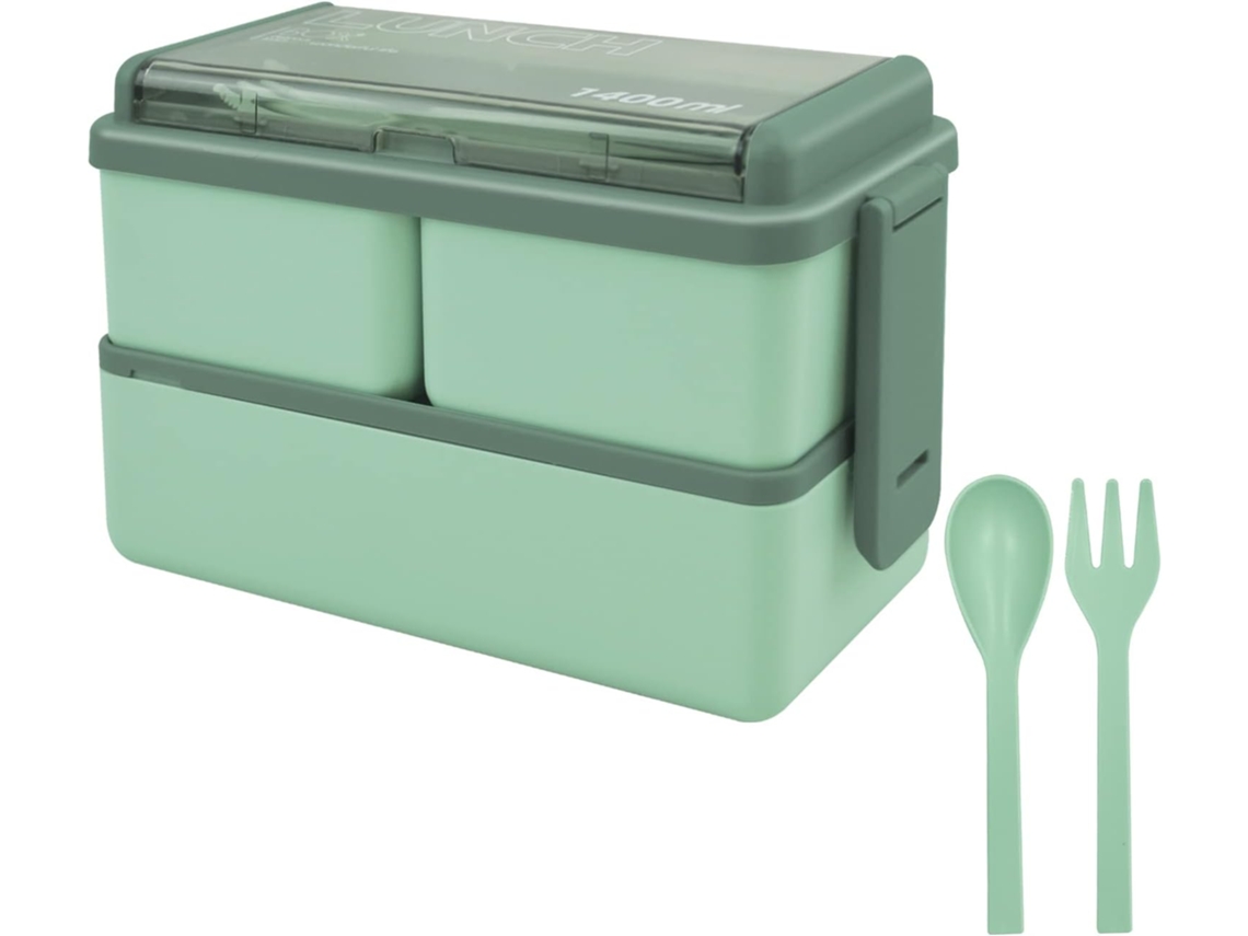Lancheira Grampo 1400ml com 3 compartimentos removíveis e talheres, e gavetas duplas à prova de vazamentos (verde)