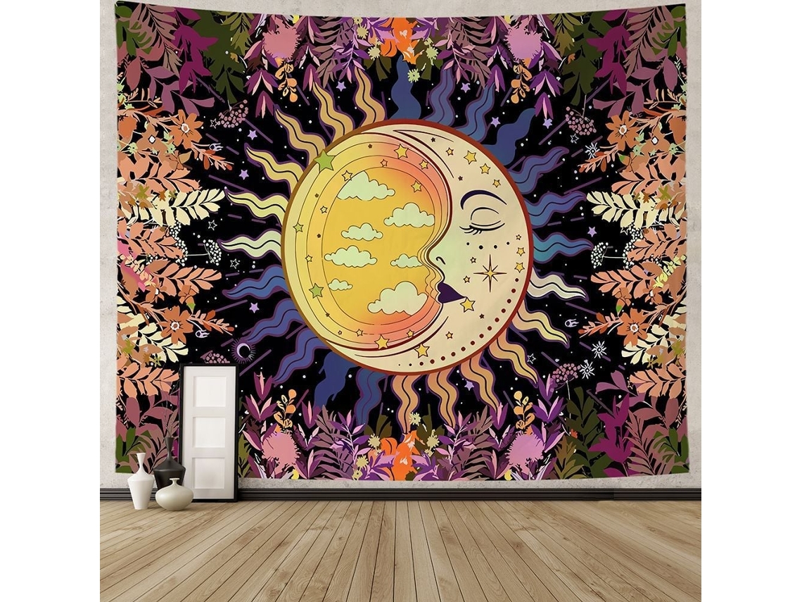 150x100cm, Tapeçaria de Parede com Motivos Sol, Lua e Plantas BRILVIBERA