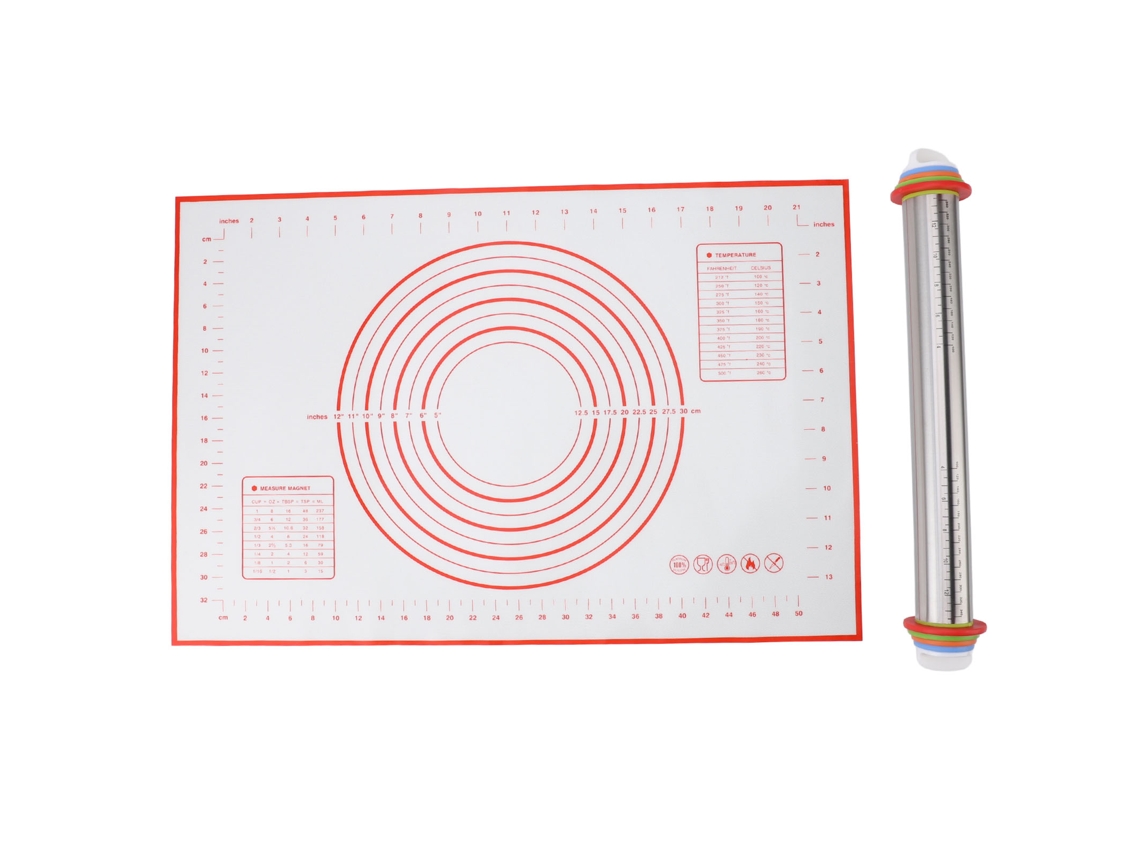 Conjunto Rolo de Aço Inoxidável e Pano de Silicone Ajustável com Escala para Massa Pizza Pasta