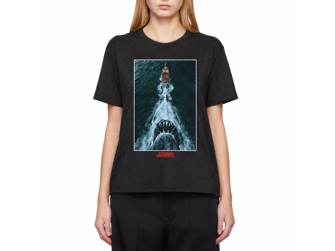Rockinstone Jaws Shark Chasing Boat Poster Black Heather T-shirt Size:xl