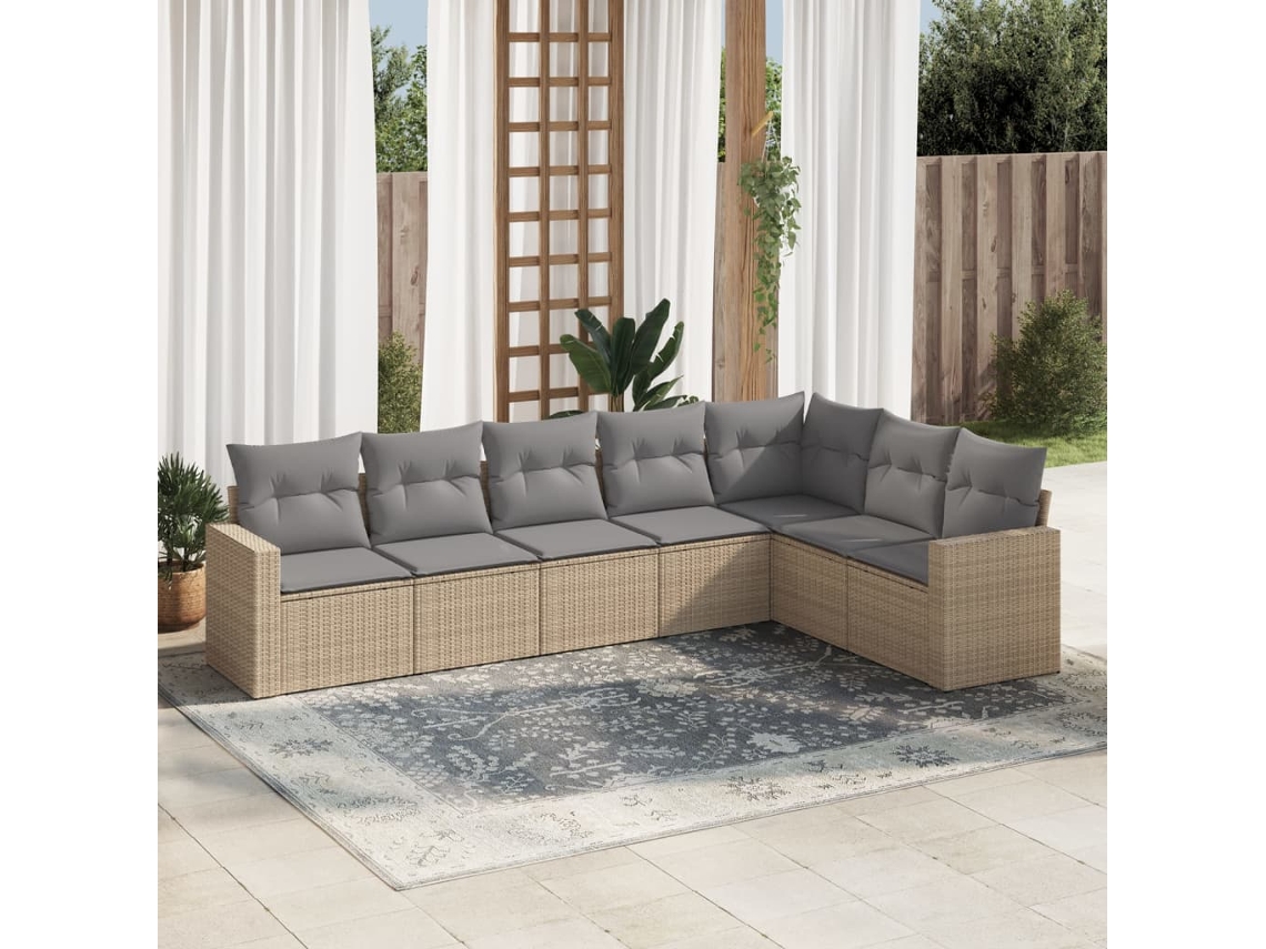 Vidaxl 7 Pcs Conjunto De Sofás P/ Jardim Com Almofadões Vime Pe Bege