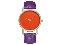 Relógio feminino casual de quartzo com mostrador laranja e pulseira de couro PU roxa.