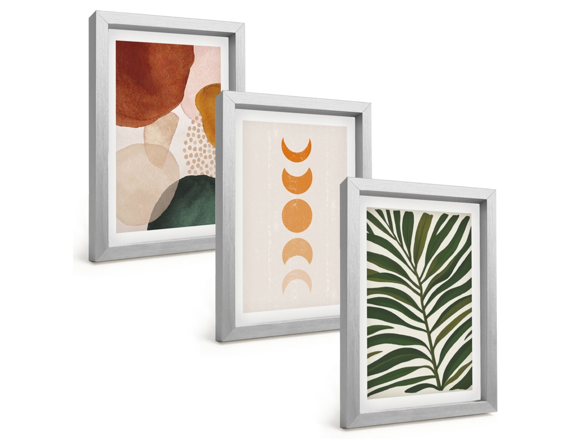 Conjunto De Pinturasformas Abstratas De Folhas Moldura Prateada Quadros Para A Sala De Estar Espelharte (3 Peças 20x30 Cm)