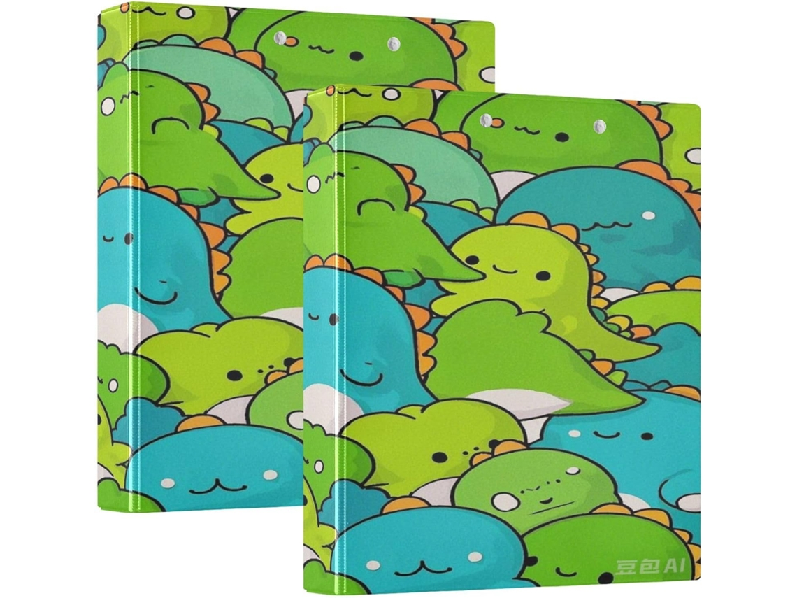 Pasta de lixa Fofa com dinossauro, 3,8 cm de diâmetro e 3 anéis, com saquinhos, embalagem com 1 ou 2 unidades, camada rígida