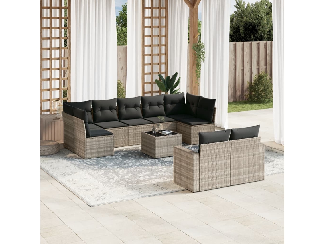 Vidaxl 10 Pcs Conj. Sofás Jardim Com Almofadões Vime Pe Cinzento-claro