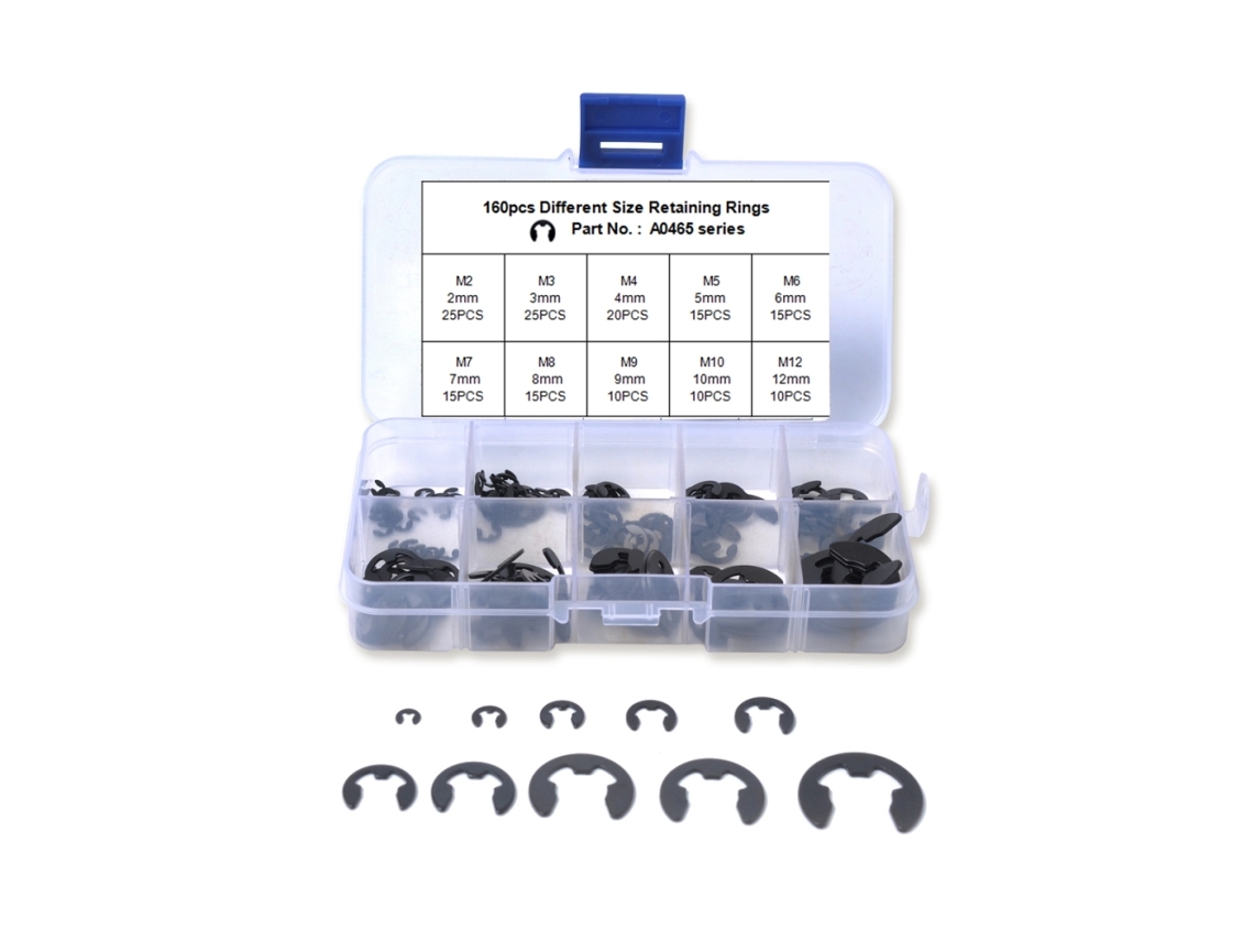 Kit 160 Peças Arruela e Clip Metal Circlip Retaining Ring Aço Carbono Oxido Preto com Caixa Organizada | S/MARCA