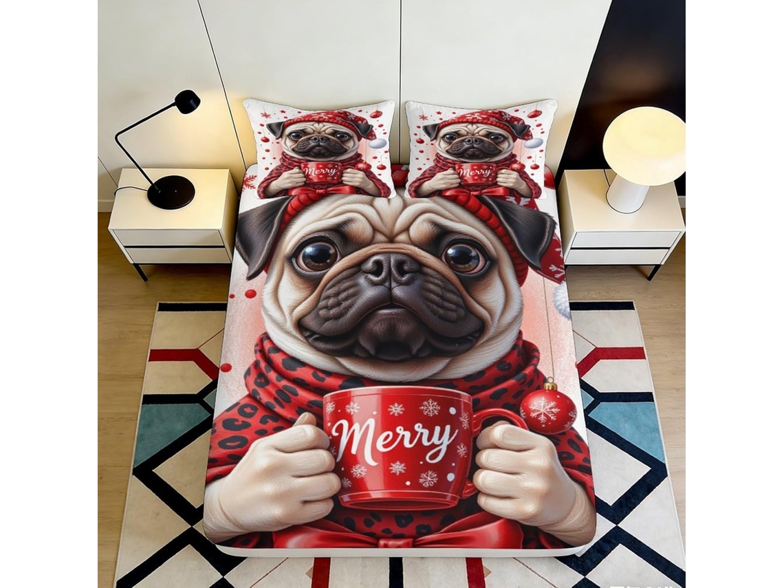Conjunto de Cama 3d Pug Natalino Microfibra com Fronha 200x25cm S/MARCA