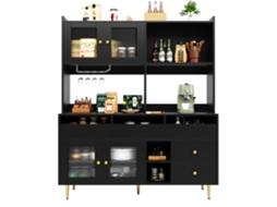 Armário Sala De Jantar Preto 145x39x171cm Portas Vidro Degradado, Suportes Para Copos, Ampla Arrumação E Detalhes Decorativos Dourados