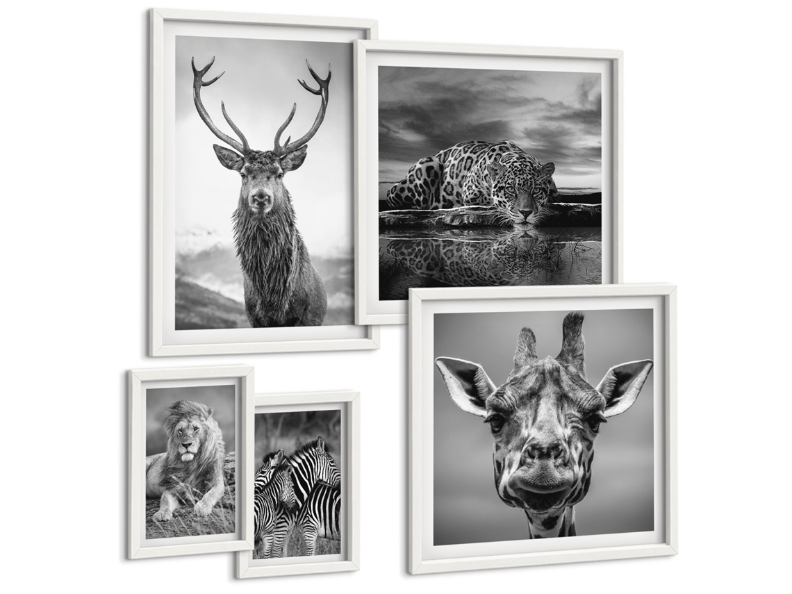 Conjunto De Pinturas Animais Selvagens, Savana Moldura Branca Fotos Para O Escritório Espelharte (conjunto De 5 Imagens)