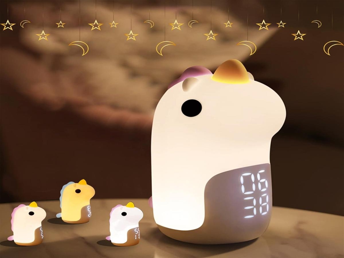 Despertador infantil Lurelia com motivo de unicórnio, pulseira de silicone, recarregável via USB, sensor de toque e luz quente para crianças.