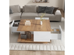 Mesa De Centro 70x70x31,5 Cm - Com 3 Gavetas, Design Geométrico, Alto Brilho - Branco + Madeira Original