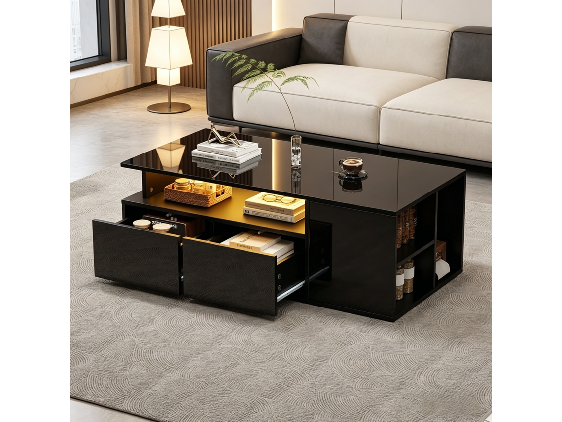 Mesa De Centro Com Led 100x50x35cm, 2 Gavetas, Capacidade 60kg, Preta