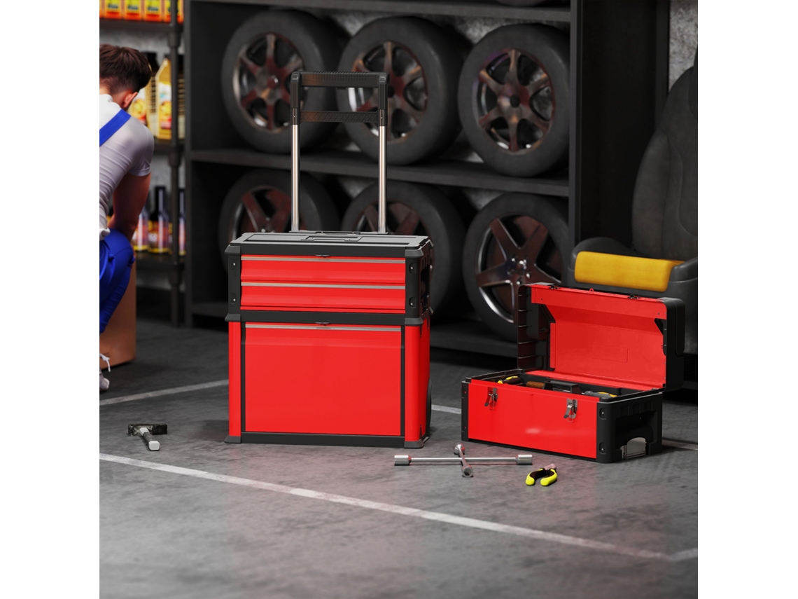 3 Tier Wheeled Interlocking Steel Plastic Tool Box Set