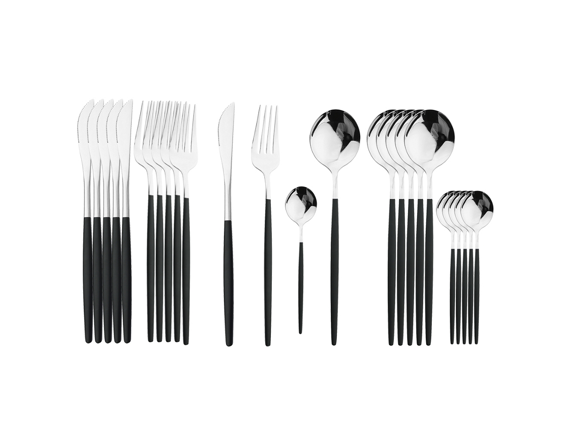 Conjunto de Talheres de Aço Inoxidável com 24 Peças, Incluindo Faca, Colher e Garfo. MDUG (preto e Prata)