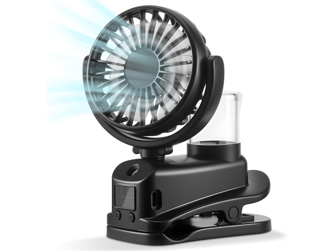 Ventilador de Clipe Silencioso com Visor Led com Função de Spray de Água 4 Velocidades Ajustáveis Recarregável Via Usb MDUG (preto)