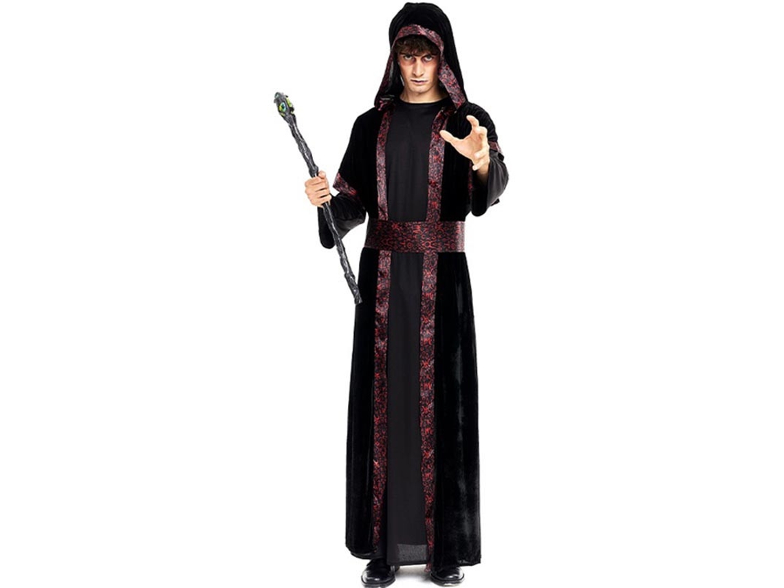 Fato de bruxa negra com capuz e cinto para homem