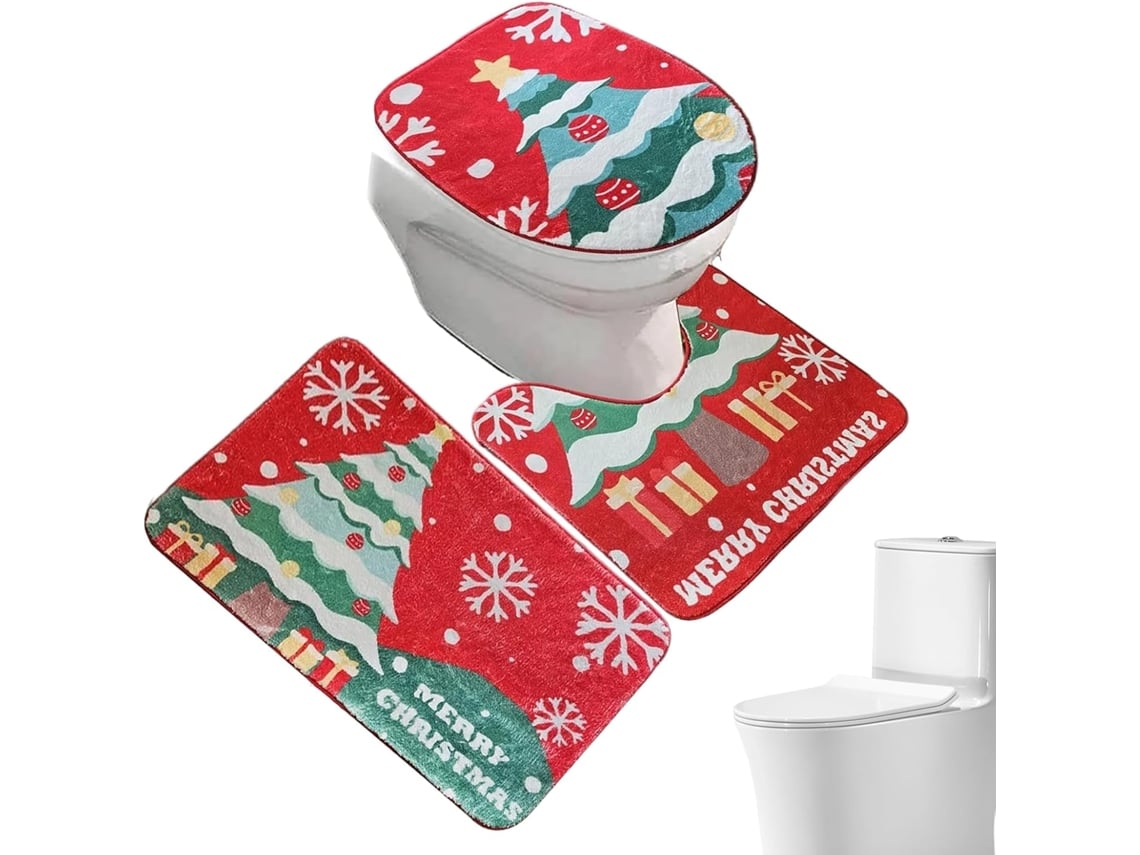 Conjunto De Capa Para Assento Sanitário Com Tema Natalino E Tapetes Antiderrapantes Absorventes Para O Chão |
