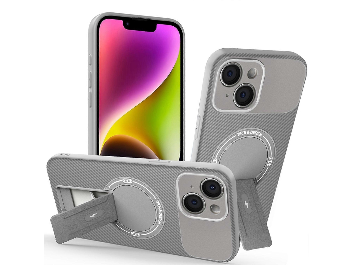 Capa Tkdaddy Para Iphone 14 Com Suporte, Textura De Fibra De Carbono, Pc Capa De Tpu Cinza
