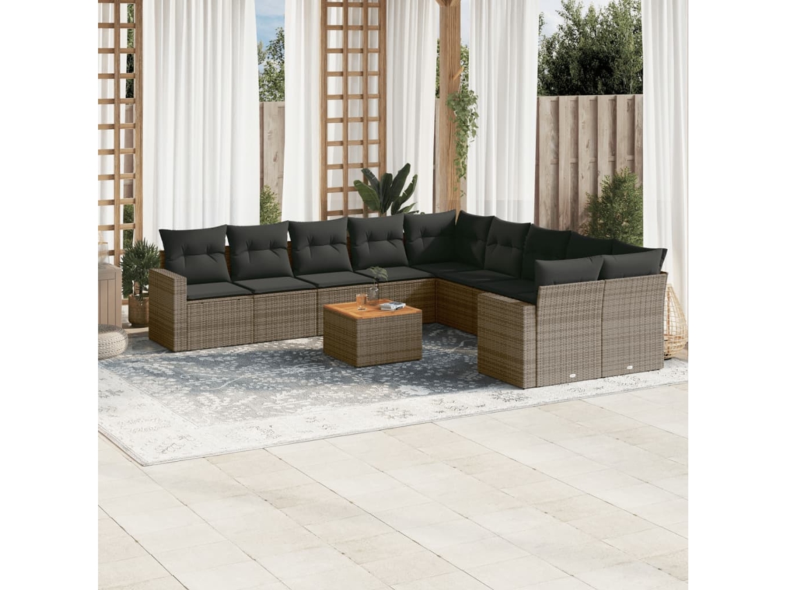 Vidaxl 11 Pcs Conjunto Sofás de Jardim C/ Almofadões Vime Pe Cinzento