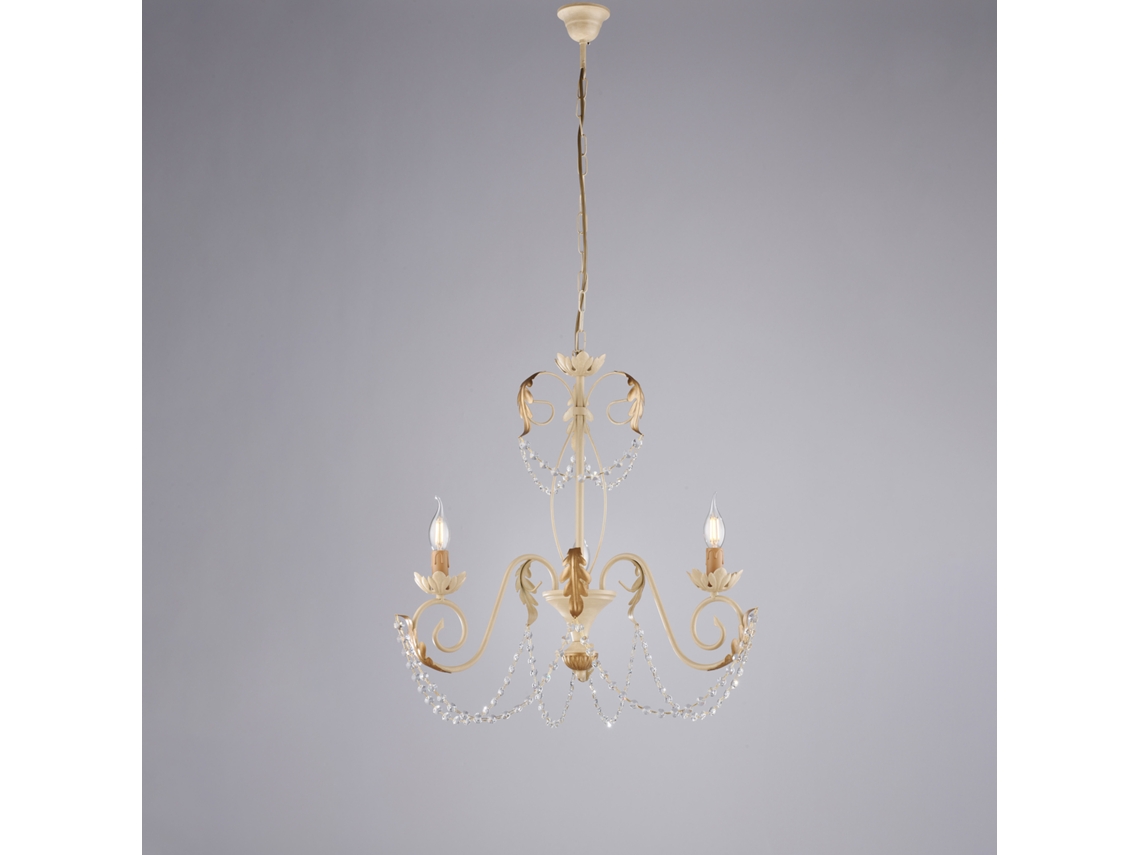 Damasco Lustre Em Ferro Lacado Marfim Com Decoração. Efeito Decapado E Acabamento Em Ouro Envelhecido Com Strass Cristal 3 Luzes 120 Ø47 Belight