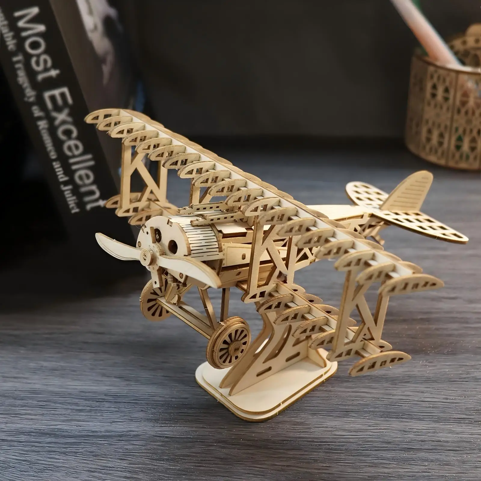 Quebra cabeça 3d de Madeira, Modelo de Avião Biplano Clássico, Kit para Montar, Brinquedo MDUG