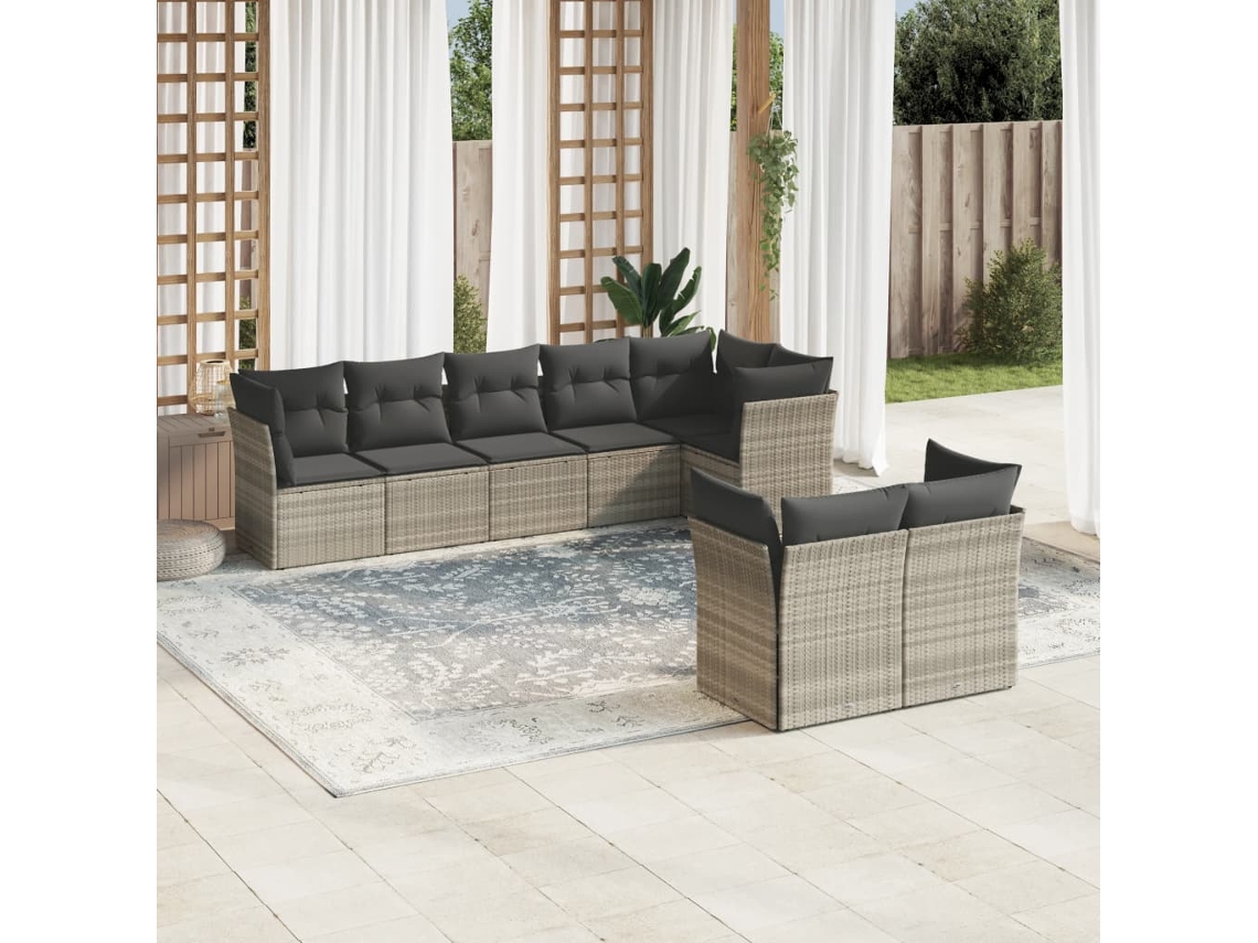 Vidaxl 8 Pcs Conj. Sofás Jardim C/ Almofadões Vime Pe Cinzento-claro