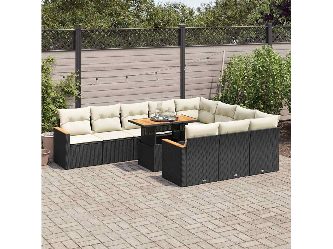 Vidaxl 11 Pcs Conjunto Sofás Jardim C/ Almofadões Vime Pe/acácia Preto