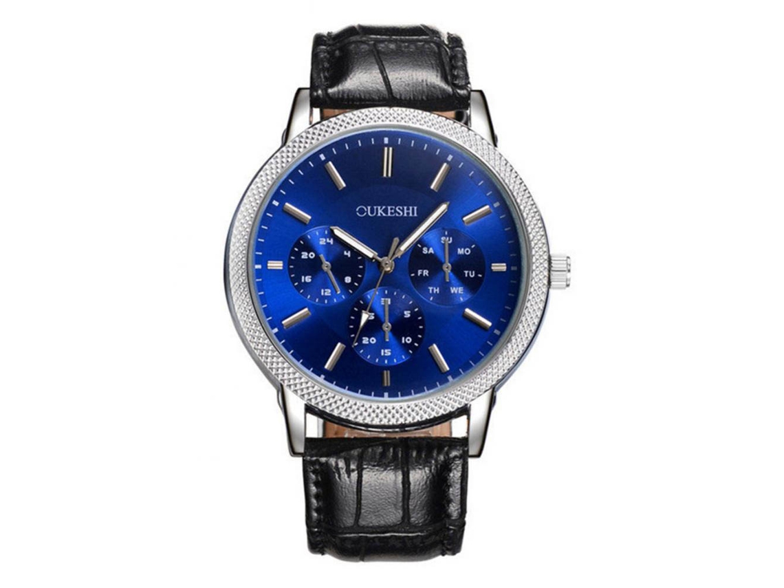Relógio de pulso masculino analógico de quartzo com pulseira de PU, estilo formal (preto + azul)