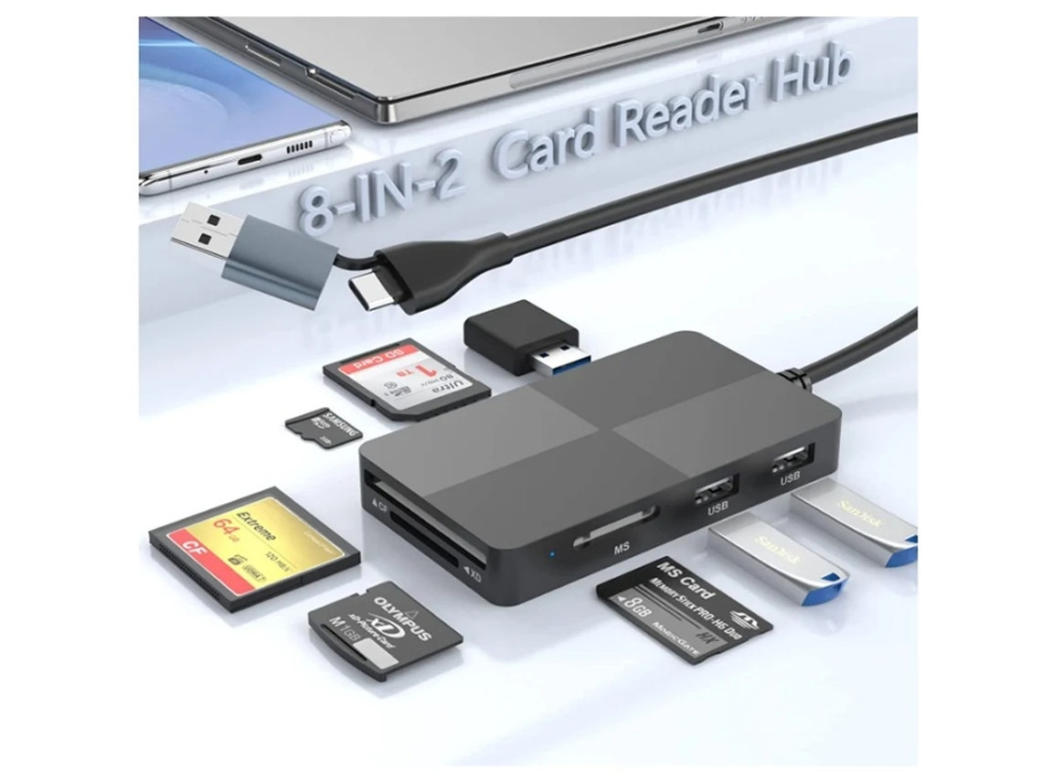 Leitor De Cartão Sd Usb 3.0 Hub 8 Em 2 Para Vários Tipos De Cartão De Memória, Incluindo Sd, Tf, Cf, Xd, Ms, Micro Sd, Usb C, Da Bestvite
